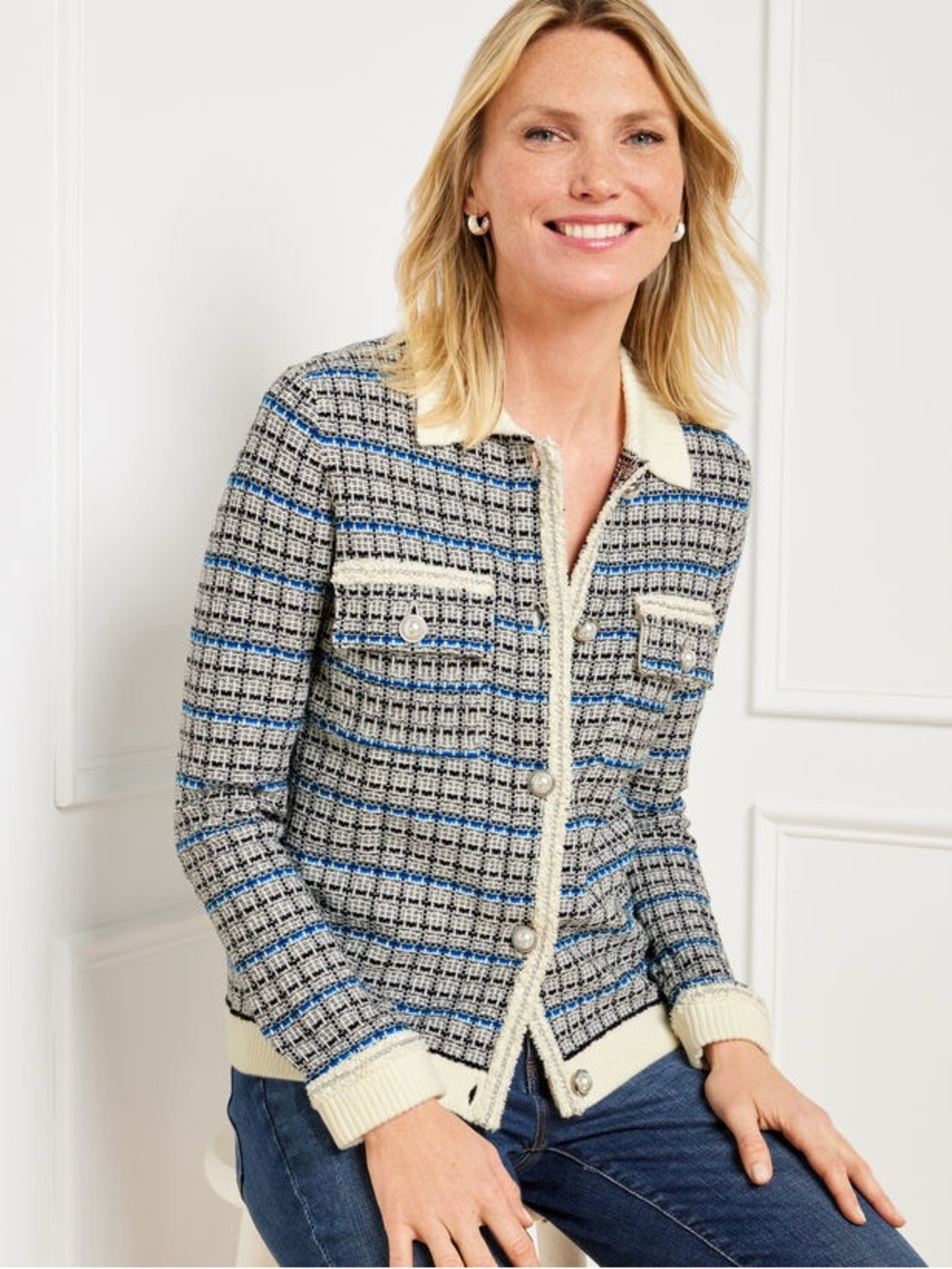 Talbots Mademoiselle Plaid Tweed Coatigan Knit Jacket Pearl Button Chain Trim S